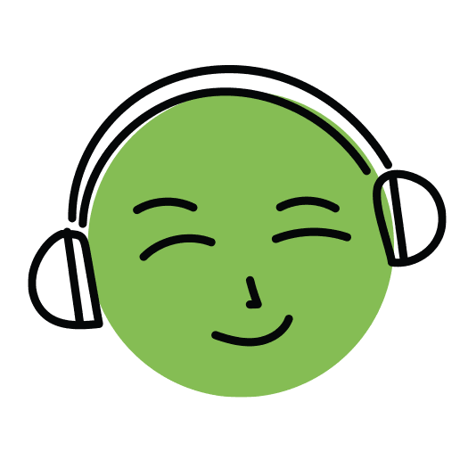 Illustrated icon of a green smiley face wearing headphones